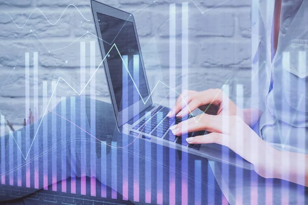 Multi exposure of woman hands typing on computer and forex chart hologram drawing. Stock market analysis concept. — Stock Photo, Image