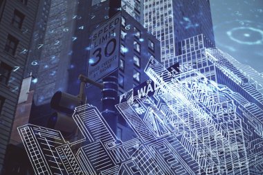 Şehrin arka planında binaların hologramlarına iki kez maruz kalmışlar. Akıllı şehir kavramı.