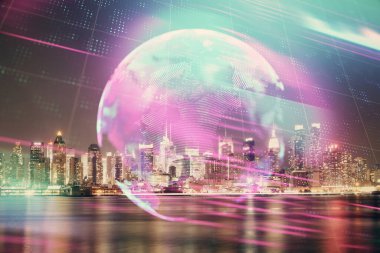 Teknoloji temalı hologramın ve şehrin arka planının iki katına çıkarılması. Yüksek Teknoloji kavramı.