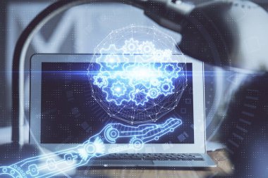 Arka planda kişisel bilgisayarı ve teknik tema çizimi olan iki kat masaüstü görüntüsü. Veri analizi kavramı.