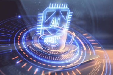 Masaüstü bilgisayarı ve teknoloji temalı holograma çift pozlama. Yazılım geliştirme kavramı.