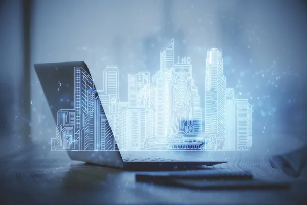 Bureaublad computer achtergrond in kantoor en grote stad gebouwen hologram tekening. Dubbele belichting. Slimme stad. — Stockfoto