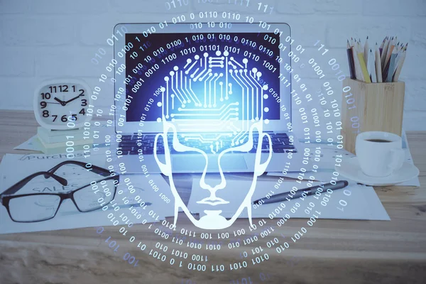 Doble exposición de escritorio con holograma de dibujo de computadora y cerebro. Concepto de inteligencia artificial. —  Fotos de Stock