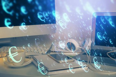 Finansal tablo çizimi ve arka planda bilgisayar olan bir tablo. Çoklu maruz kalma. Uluslararası pazarlar kavramı.