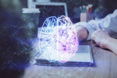Arka planda beyin hologramıyla el yazısına çok maruz kalmış. Öğrenme kavramı.