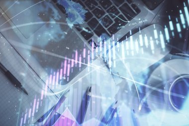 Bilgisayarla arka plan üzerine iki kat mali şema çizimi. Araştırma ve analiz kavramı. Üst görünüm.