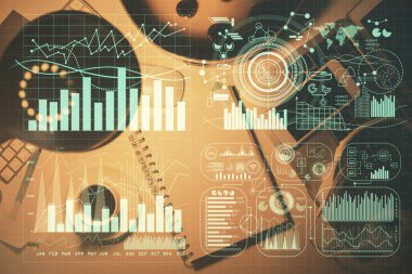 Forx grafik çizimi ve çalışma masası üst veiw çoklu pozlama. Mali analiz kavramı.