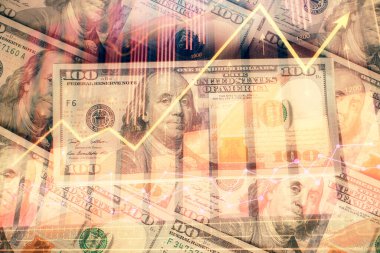 Forx grafiğinin çok sayıda görüntüsü bize dolar banknotları arka planında görünüyor. Finansal başarı piyasası kavramı.