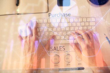 Dizüstü bilgisayar klavyesini ve ön x çizim hologramını yazarken çift pozlama. Üst Manzara. Finans piyasası kavramı.