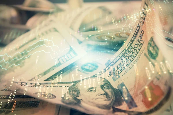 Doble exposición de gráfico de divisas dibujo sobre nosotros dólares fondo de la factura. Concepto de mercados financieros. —  Fotos de Stock