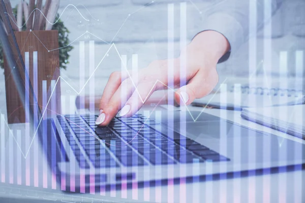 Multi exposure of woman hands typing on computer and forex chart hologram drawing. Stock market analysis concept. — Stock Photo, Image