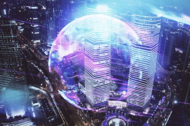 Teknoloji temalı hologramın ve şehrin arka planının iki katına çıkarılması. Yüksek Teknoloji kavramı.