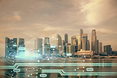 Veri temalı hologram gökdelenler arka planda çoklu pozlama ile şehir görünümüne çizim yapıyor. Büyük veri kavramı.