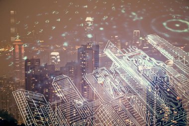 Şehrin arka planında binaların hologramlarına iki kez maruz kalmışlar. Akıllı şehir kavramı.