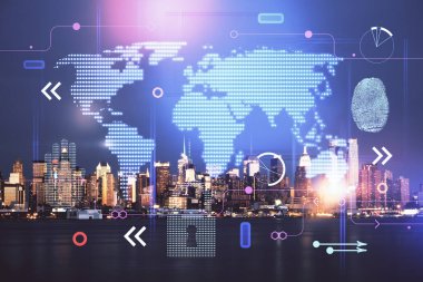 Şehir görünümünde harita ve veri temalı hologram ile gökdelenler arka planda çift pozlama. İş kavramında uluslararası teknoloji.