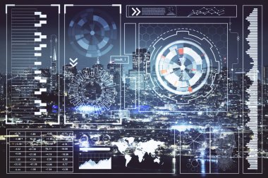 Veri temalı hologram gökdelenler arka planda çoklu pozlama ile şehir görünümüne çizim yapıyor. Ai kavramı.