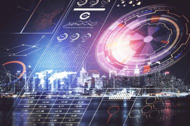 Veri temalı hologram gökdelenler arka planda çoklu pozlama ile şehir görünümüne çizim yapıyor. Ai kavramı.
