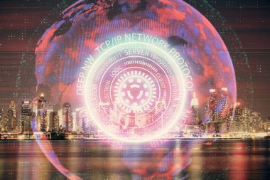 Teknoloji temalı hologramın ve şehrin arka planının iki katına çıkarılması. Yüksek Teknoloji kavramı.