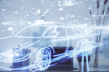 Otomobil hologramı çizimi olan masaüstü bilgisayar arkaplanı. Çoklu maruz kalma. Teknoloji kavramı.