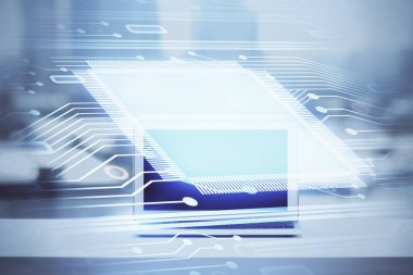 Arkaplanda bilgisayar ve veri teması çizimi olan tablonun çifte pozlandırılması. Yenilik kavramı.