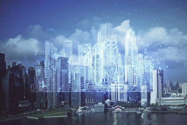 Double exposure of buildings hologram over cityscape background. Concept of smart city. — Stock Photo, Image