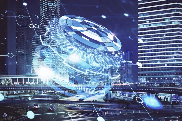 Dados tema holograma desenho na vista da cidade com arranha-céus de fundo multi exposição. Conceito Ai. — Fotografia de Stock