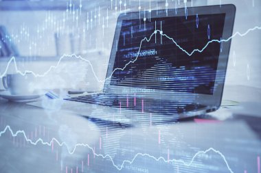 Bilgisayar geçmişi olan eski grafik hologramı. Çifte maruziyet. Finans piyasası kavramı.