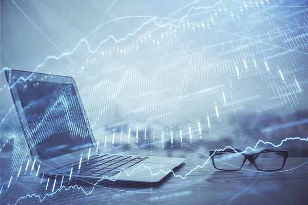 Aandelenmarkt grafiek en tabel met computer achtergrond. Dubbele belichting. Begrip financiële analyse. — Stockfoto
