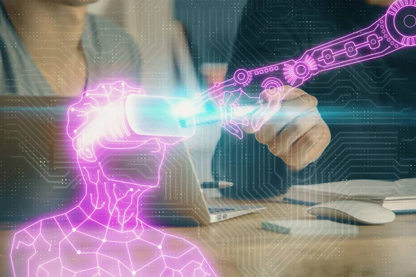 AR hologram with man working on computer on background. Augmented reality concept. Double exposure. — Stock Photo, Image