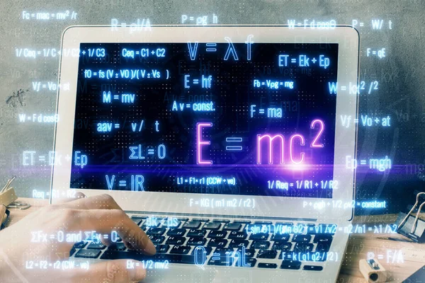 Science formula hologram with man working on computer on background. Education concept. Double exposure. — Stock Photo, Image