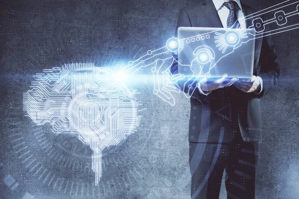 Homme d'affaires avec fond d'ordinateur avec hologramme de thème de cerveau. Concept de brainstorming. Exposition multiple. — Photo