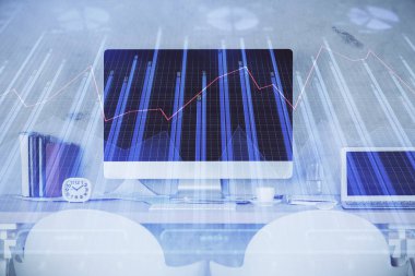 Hisse senedi borsası çizimine ve ofis iç planına çok maruz kalmış. Mali analiz kavramı.