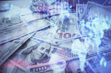 Forx grafiğinin çok sayıda görüntüsü bize dolar banknotları arka planında görünüyor. Finansal başarı piyasası kavramı.