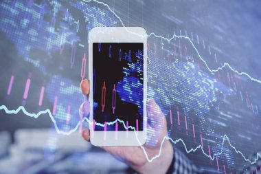 Erkeklerin el ele tutuşup dijital bir cihaz ve ön grafik çizimi kullanırken çift pozlama. Finansal piyasa kavramı.