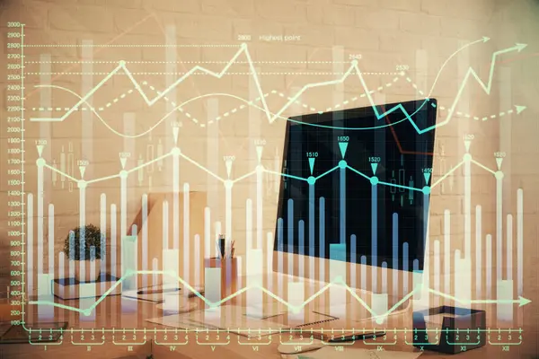 Подвійна експозиція креслення графіку фондового ринку та внутрішнього фону офісу. Концепція фінансового аналізу . — стокове фото