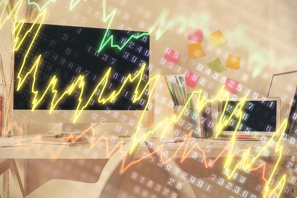 Double exposure of financial graph drawing and office interior background. Concept of stock market. — Stock Photo, Image