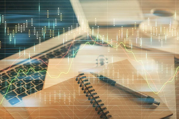 Double exposure of financial chart drawing and desktop with coffee and items on table background. Concept of forex market trading — Stock Photo, Image