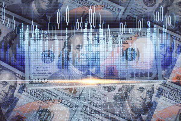 Multi exposure of forex chart drawing over us dollars bill background. Concept of financial success markets. — Stock Photo, Image