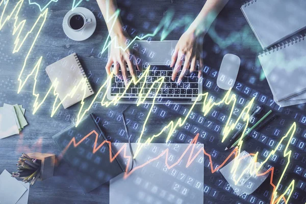Multi exposure of woman hands working on computer and forex chart hologram drawing. Top View. Financial analysis concept. — Stock Photo, Image
