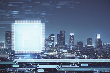 Veri temalı hologram gökdelenlerin arka planında çift pozlama ile şehir görünümüne çizim yapıyor. Ai kavramı.