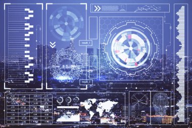 Veri temalı hologram gökdelenlerin arka planında çift pozlama ile şehir görünümüne çizim yapıyor. Ai kavramı.