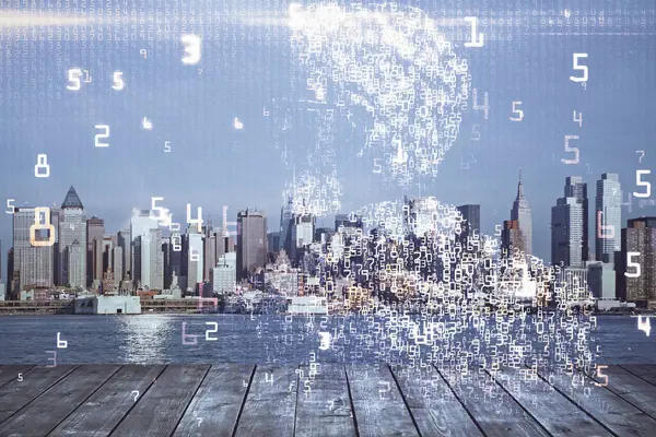 stock image Double exposure of technology theme hologram and cityscape background. Concept of Hightech.