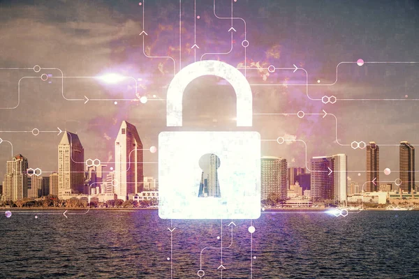 Хакеры взломали икону с видом на город на фоне небоскребов Концепция защиты данных. — стоковое фото