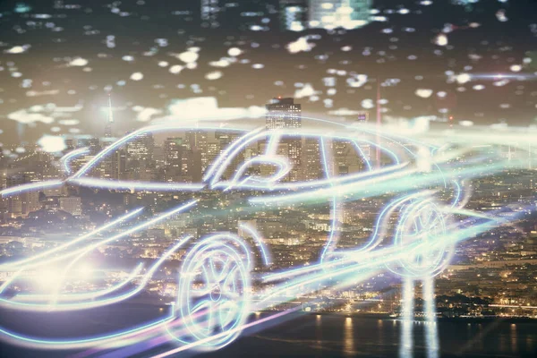 Dvojitá expozice hologramu s motivem dopravy a pozadí pohledu na město. Autopilot konceptu. — Stock fotografie