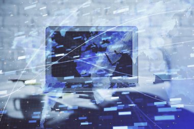 Masaüstü bilgisayar ve teknoloji temalı holograma çoklu maruz kalma. Yazılım geliştirme kavramı.