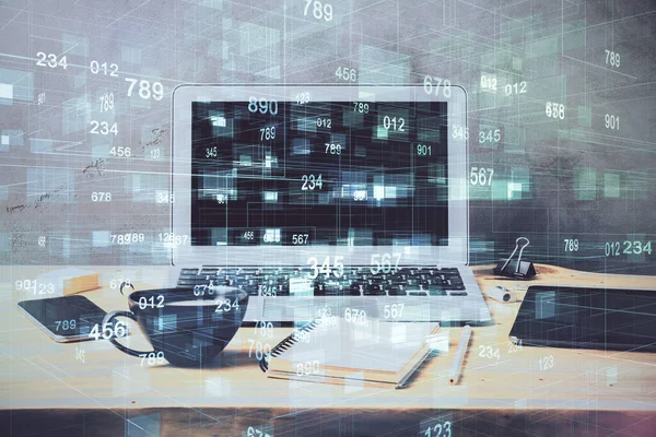Double exposure of desktop computer and technology theme hologram. Concept of software development. — Stock Photo, Image