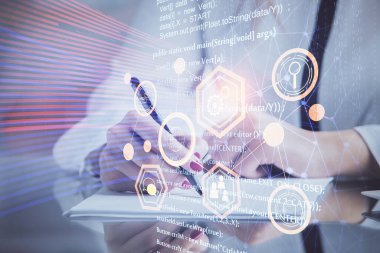 Arka plana veri teknolojisi hud 'u ile el yazısı yazan kadınların çoklu pozları. Büyük veri kavramı.