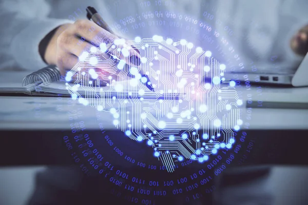 Exposición múltiple de mujeres que escriben mano sobre fondo con holograma cerebral. Concepto de lluvia de ideas. —  Fotos de Stock