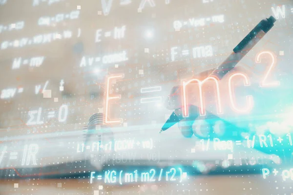 Science formula hologram over womans hands taking notes background. Concept of study. Double exposure — Stock Photo, Image