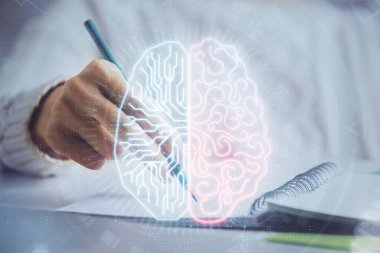 Arka planda beyin hologramıyla el yazısına çok maruz kalmış. Kendi kendine öğrenme kavramı.